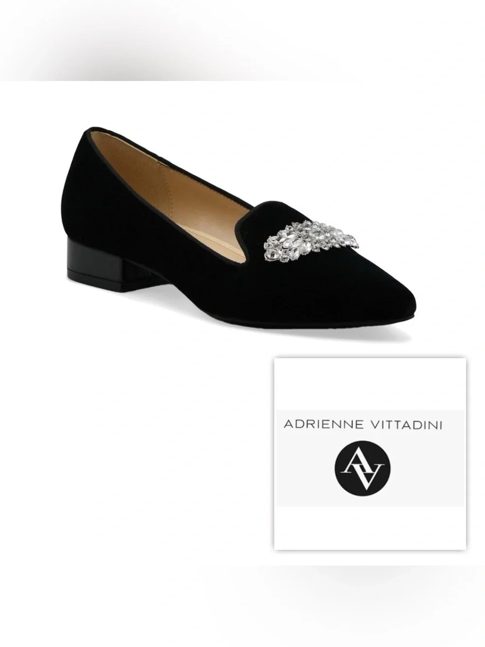 NEW Adrienne Vittadini Women 8 fits 7.5 Black Velvet Embellished Pointed Loafers